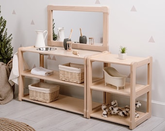 Montessori Washbasin with Mirror & Shelf: Beech Wood Toddler Furniture