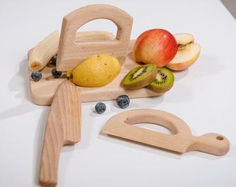 Set of 3 Wooden Knives for Kids, Children's Montessori Chopper with Cutting board Baby registry item