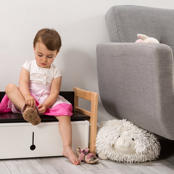 Petit banc multifonctionnel Montessori et coffret double, bois massif certifié et contreplaqué Article de registre de bébé Cadeau pour les enfants