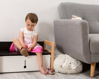 Petit banc multifonctionnel Montessori et coffret double, bois massif certifié et contreplaqué Article de registre de bébé Cadeau pour les enfants