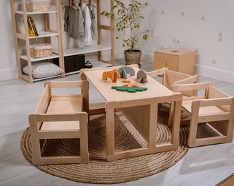 Set Montessori composto da una panca grande multifunzionale con 2 sedie e una panca piccola. Articolo per la lista dei neonati. Regalo per bambini
