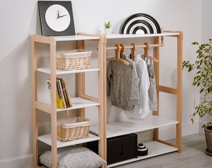 Child Montessori clothing rack type B with shelf combined with Montessori MAXI shelf Kid wardrobe Kindergarderobe
