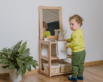 Lavabo Montessori pour enfant en bas âge, type Waschtisch de type A, AVEC miroir et plateau supplémentaire Cadeau pour les enfants