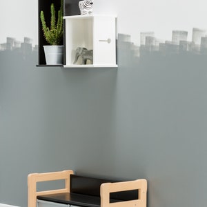 May include: A black and white shelf unit with a potted cactus plant, a zebra figurine, and a grey elephant figurine. Below the shelf is a wooden storage bench with two drawers.