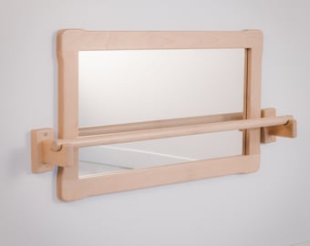Espejo GRANDE Montessori con barra de madera LARGA, regalo para niños, artículo de registro de bebés