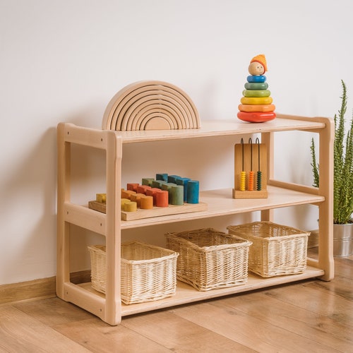 Montessori Bookshelf: Wooden Mini Toy Shelf, Nursery Storage