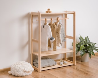 Montessori Kleiderständer und Regal KINDER KLEIDUNGSSTÄNDER Typ B mit Regal, Holzkleiderständer, Kindergarderobe Geschenk für Kinder