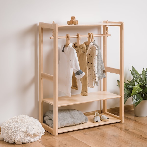 Montessori Kids Clothing Rack with Shelf: Beech Wood Wardrobe
