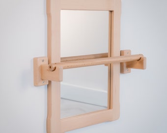 Montessori based SMALL  Mirror with SHORT wooden pull up bar, Gift For Kids Baby registry item