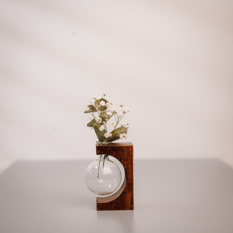 Test tube vase Wooden stand decoration Gift idea in nut wood color image 2