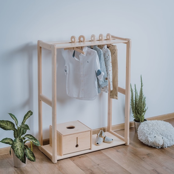 KIDS CLOTHING RACK Type A With Shelf, Wood Clothes Rack