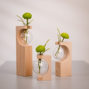Test tube vase Wooden stand decoration Gift idea natural beech wood color