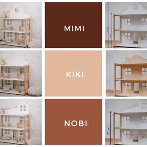 Puede incluir: Casa de mu&ntilde;ecas de madera con fachada blanca y marco de madera natural. La casa de mu&ntilde;ecas tiene tres niveles y un techo en forma de casa. Las dimensiones son 102 cm de alto. La imagen tambi&eacute;n muestra muestras de color con los nombres "MIMI", "KIKI" y "NOBI".