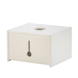 May include: White rectangular box with a round hole in the top and a rectangular slot in the front. The box is made of wood and has a smooth finish.