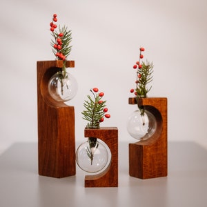 Test tube vase Wooden stand decoration Gift idea in iriko wood color