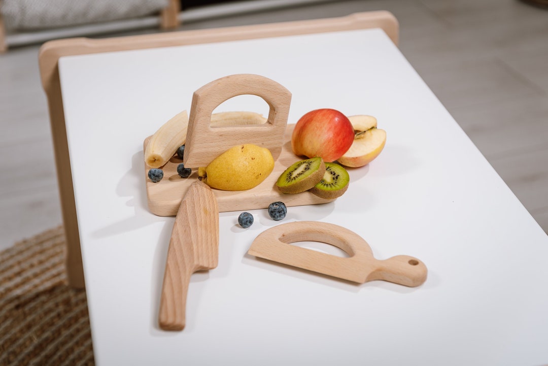 Utensilios de cocina Montessori para niños, cuchillo de madera y tabla de  cortar, juguetes para niños pequeños, cuchillo seguro para picar, juego de  corte, regalo de cumpleaños para niños -  México