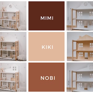 May include: Three white and natural wood dollhouses with different roof styles. The dollhouses are 70 cm tall, 38 cm wide, and 102 cm tall. The dollhouses are labeled "Mimi", "Kiki", and "Nobi".