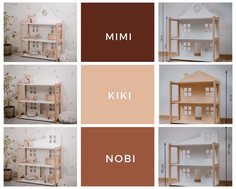May include: Three white and natural wood dollhouses with different roof styles. The dollhouses are 70 cm tall, 38 cm wide, and 102 cm tall. The dollhouses are labeled "Mimi", "Kiki", and "Nobi".