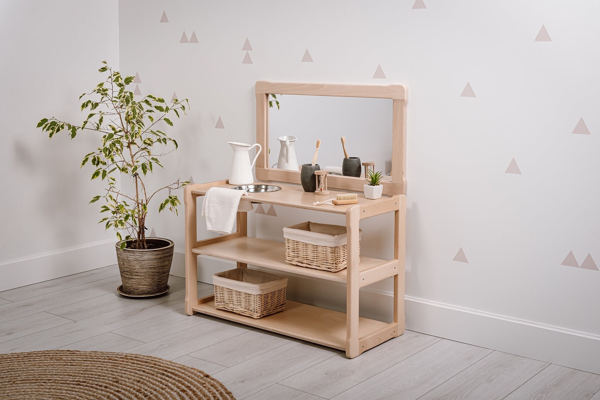 Lavabo Montessori In Legno Per Bambini – 40x35x45 Cm Con Specchio Orsetto, Clessidra, Asciugamano E Cestino – Per Autonomia, Igiene E Apprendimento