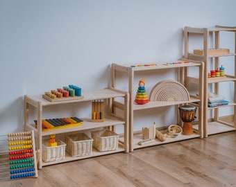 Lot de 3 étagères Woodjoy sur base Montessori MINI, MIDI, MAXI Rangement de jouets Bibliothèques Article pour liste de naissance de bébé Cadeau pour les enfants