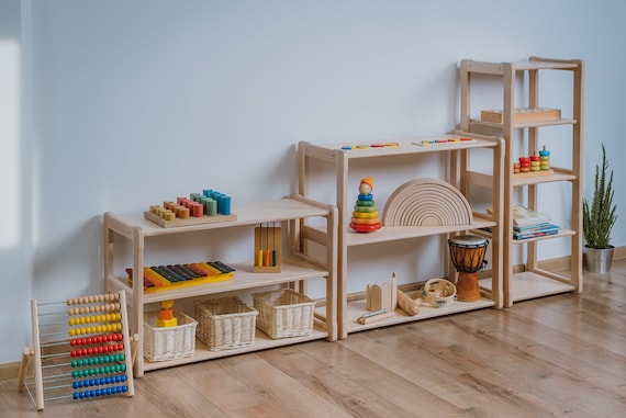 Montessori Shelf Set: Beech Wood Toy Storage, Kids Bookcase