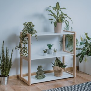 Puede incluir: Una estanter&iacute;a de madera de tres niveles con estantes blancos y soportes de madera natural. La estanter&iacute;a est&aacute; llena de varias plantas en macetas, incluyendo suculentas, hojas verdes y enredaderas colgantes. Tambi&eacute;n se exhiben un &aacute;rbol decorativo de cristal y una maceta envuelta en arpillera.
