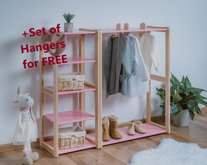 Child Montessori clothing rack type A without shelf with Montessori MAXI shelf  Kid wardrobe