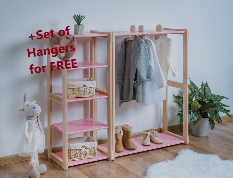 On the picture is a combination of our Montessori Type A clothing rack with our MAXI shelf. The wardrobe has a stylish hanger holder on the top, where the hangers can go. Our Maxi shelf has the same height, 4 compartments.