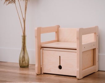 Chaise multifonctionnelle Montessori et petit coffret, bois massif certifié et contreplaqué Article pour registre de bébé Cadeau pour enfant