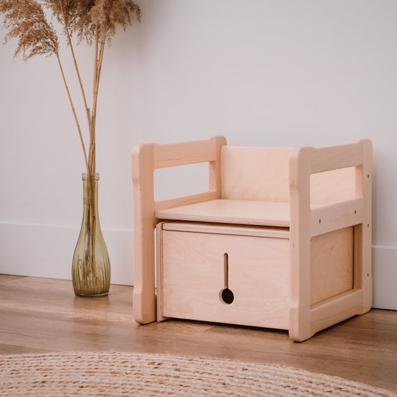 Montessori Based Multifunctional Chair and Small Box Set, Certified Solid  Wood and Plywood Baby Registry Item Gift for Kids 