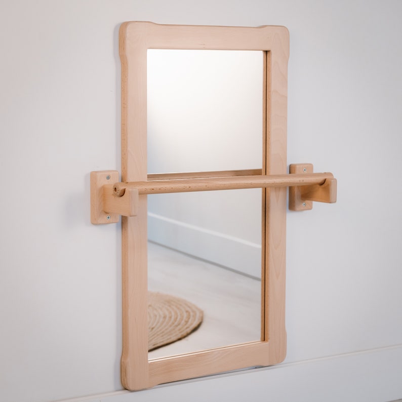 Montessori BIG Mirror with SHORT Pull up Wooden bar, Gift For Kids Baby registry item image 1