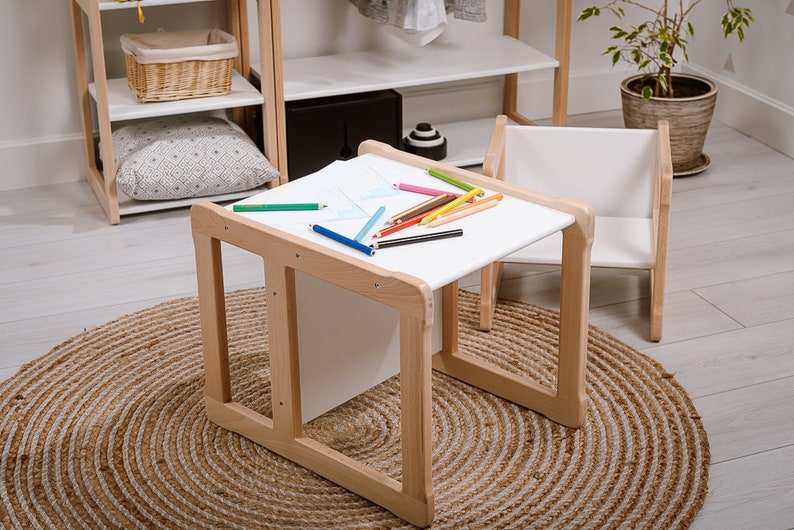 On the picture is our Multifunctional Table, that can be used not only as table, but as a chair in 3 different heights by the children. It can be used as well as a coffee table or a nightstand by parents and grandparents.