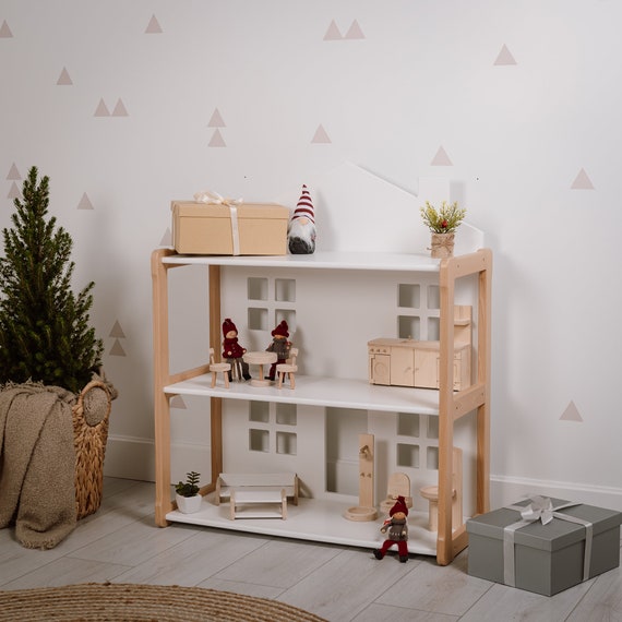 Wooden Dollhouse Bookshelf: Montessori Nursery Decor