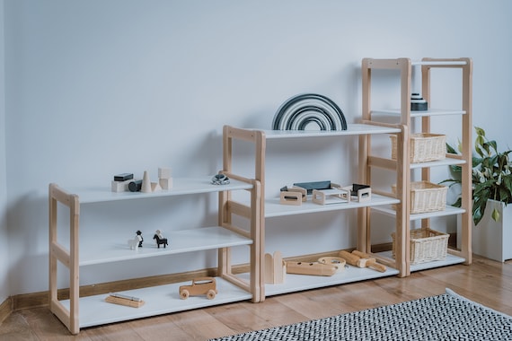 Montessori Regal Set: Buchenholz Kinder Aufbewahrung, Weiße Regale