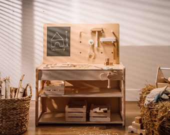 BANC DE TRAVAIL jouet en bois gris pour garçons, meubles Montessori décoration de salle de jeux pour enfants, article de registre de bébé cadeau pour enfants