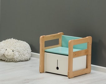 Chaise multifonctionnelle Montessori et petit coffret, bois massif certifié et contreplaqué Article pour registre de bébé Cadeau pour enfant