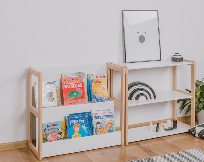 A white set of one Montessori MIDI shelf and one  Montessori bookshelf MIDI