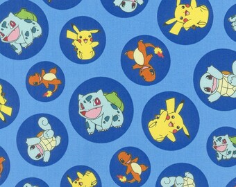 Pokemon Characters Kaufman  Blue Cotton Fabric