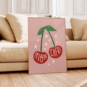 Mon Cheri Print, Cherries Print, French Cherry Art Poster, Bedroom Print, Kitchen Gallery Wall, Trendy Wall Art, French Inspired, Pink