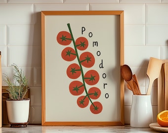 May include: A framed print with a stylized illustration of a tomato vine with red tomatoes and green leaves. The text "Pomodoro" is written vertically in black on the right side of the image.