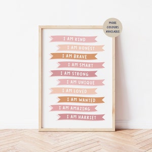 Lámina de afirmación positiva, lámina motivacional, autocuidado, lámina de afirmación para niñas, rosa, lámina infantil personalizada, motivación infantil