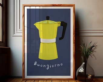 Buongiorno Print, Moka Pot Colourful Print, Coffee Wall Art, Italian Kitchen Poster, Good Morning Print, Moka Express, Gallery Wall, Trendy