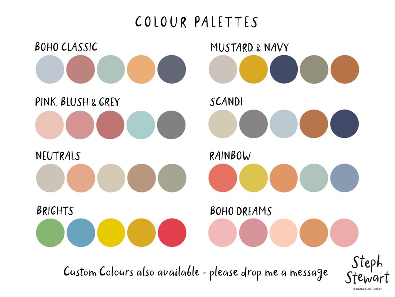 K&ouml;nnte beinhalten: Ein Diagramm mit 8 verschiedenen Farbpaletten, jede mit 5 Farben. Die Paletten sind beschriftet: Boho Classic, Senf & Marine, Rosa, Rouge & Grau, Scandi, Neutral, Hell, Regenbogen und Boho Dreams. Der Text "Individuelle Farben ebenfalls erh&auml;ltlich - bitte hinterlassen Sie mir eine Nachricht" befindet sich am unteren Rand des Diagramms.