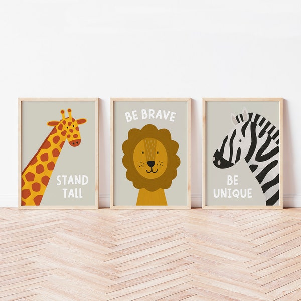 Safari Animals Set of 3 Prints, Safari Nursery Decor, Neutral Nursery, Animal Print Set, Jungle Animal Prints, Lion, Zebra, Giraffe, Scandi