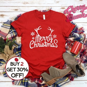 Christmas Shirts for Women , Unisex Ladies Christmas T-Shirt , Merry Christmas Shirt , Christmas Antlers Shirt, Plus Size Christmas to 4XL