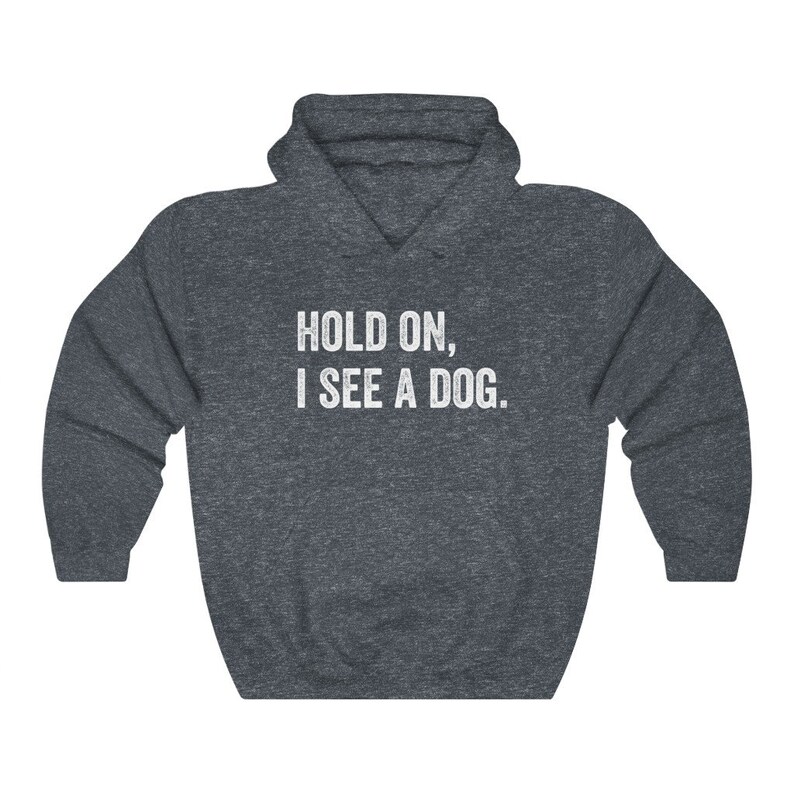 Pode incluir: Um moletom cinza escuro com o texto "HOLD ON, I SEE A DOG." impresso em branco.