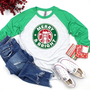 Merry & Bright Baseball Tee, Christmas Coffee 3/4 Sleeve, Coffee Lovers Christmas Long Sleeve, Merry Christmas Shirt, Trending Christmas Tee