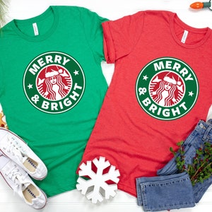 Merry & Bright Christmas Tshirt - Christmas Coffee Logo Inspired Tee - Coffee Lover's Christmas Gift Tshirt - Festive Christmas Tshirt