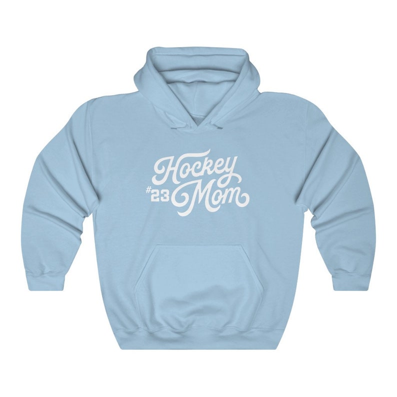 Sudadera con capucha de mamá de hockey personalizada, suéter de mamá de hockey de mujer, sudadera con capucha de hockey de número personalizado, regalos de mamá de hockey, sudadera con capucha de número de jugador, regalo de hockey Light Blue