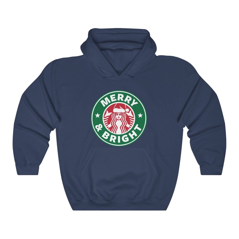 May include: Navy blue hooded sweatshirt with a green and white logo that says "Merry & Bright" with a Starbucks logo with a woman wearing a Santa hat.
